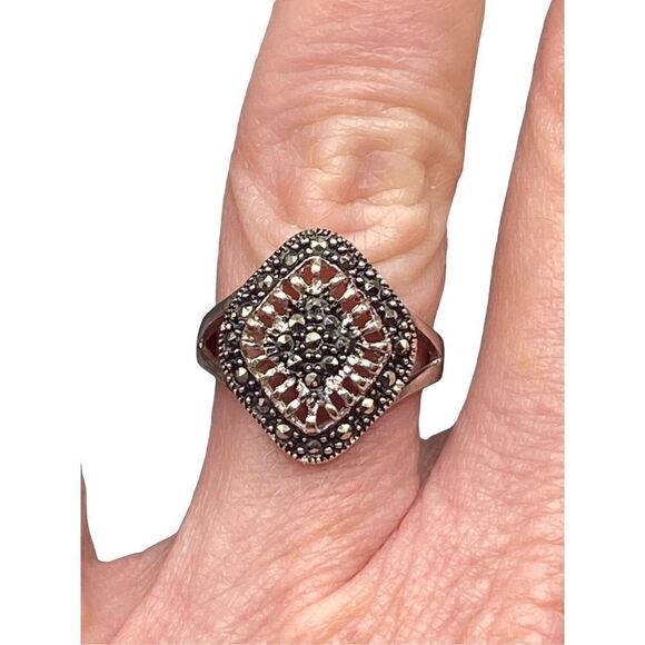 Sterling Silver 925 Marcasite black spinel ring open work weave size 7 - Picture 5 of 7